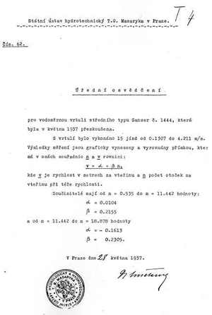 Kalibrační list – VÚV, 1937
