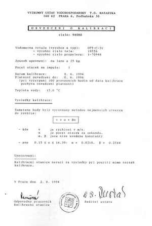 Kalibrační list – VÚV, 1994